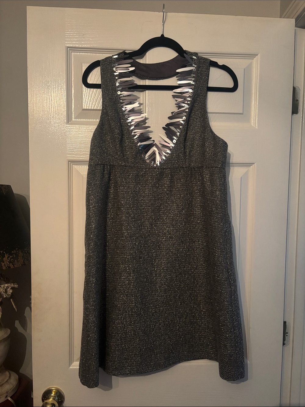 Anna Sui Metallic Silver Sleeveless V-Neck Dress with Sequin Trim